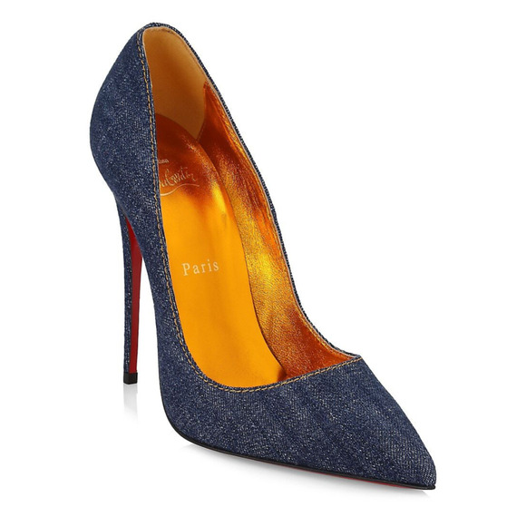 Christian Louboutin So Kate 120 Blue Denim Saba Gold Stiletto Heel Pump 38.5 - Picture 1 of 12
